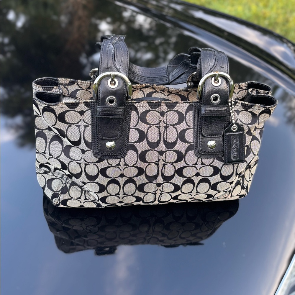 Coach Signature Tote with Black Leather Trim